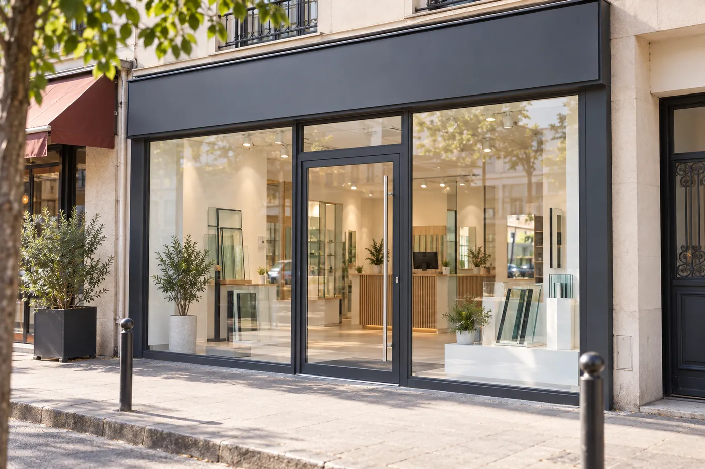 Devanture de commerce du Val-de-Marne refaite en verre feuilleté, porte d'entrée tout-verre
