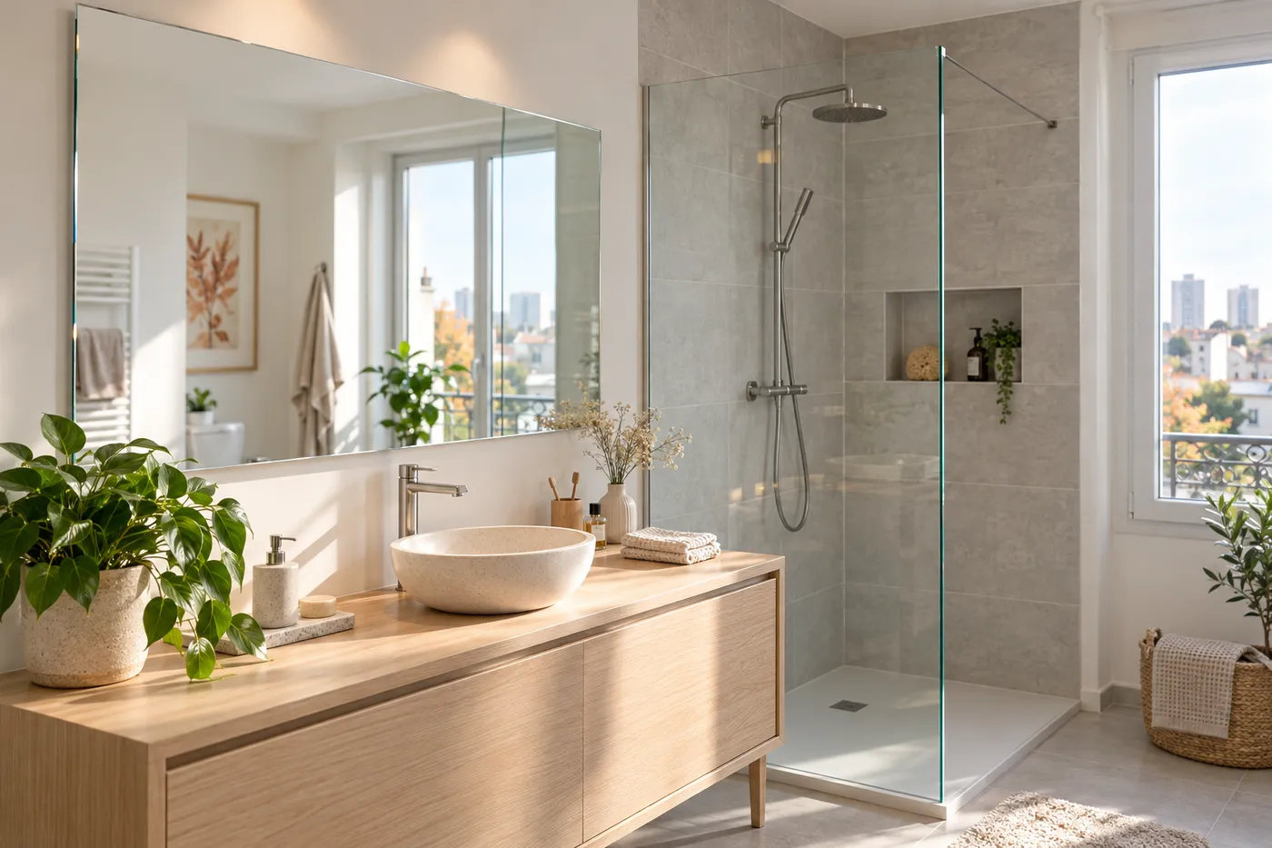 Grand miroir mural à chants polis et paroi de douche en verre trempé posés dans une salle de bains