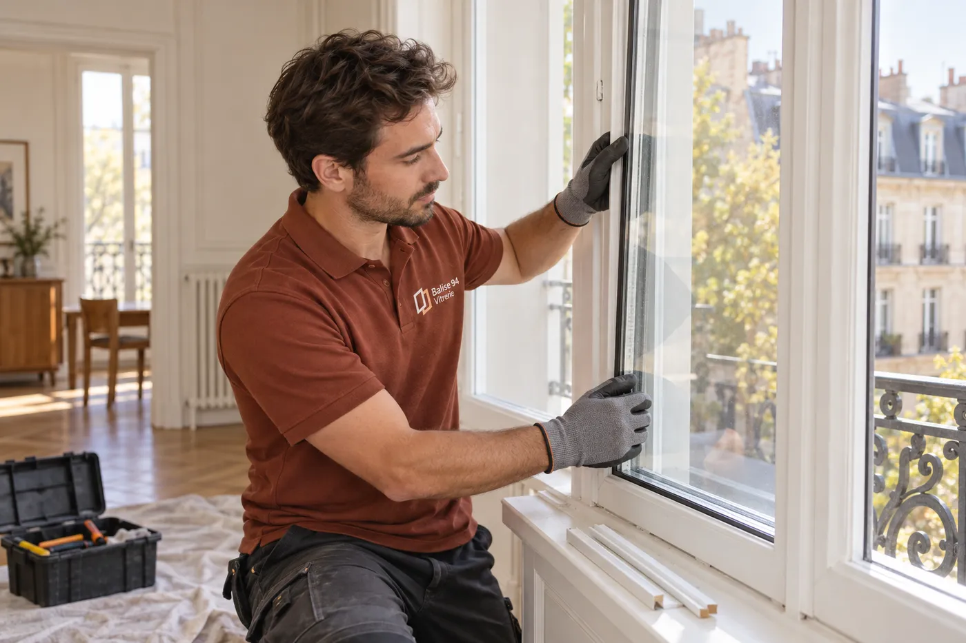 Vitrier posant un double vitrage isolant dans une fenêtre d'appartement du Val-de-Marne